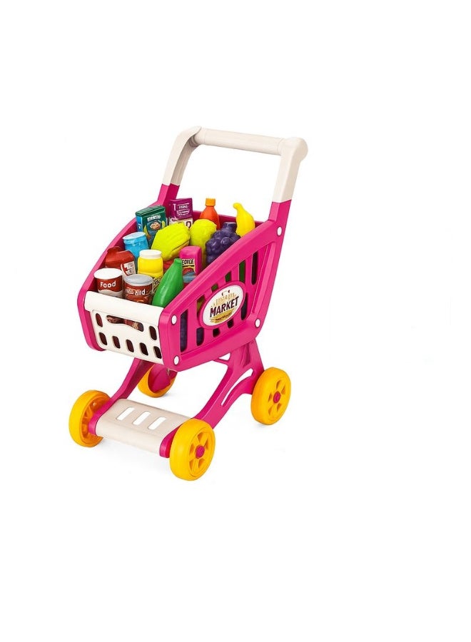 Children's shopping cart, pink, 60 pieces, includes food and fruit accessories, 44×24.5×24.5 cm